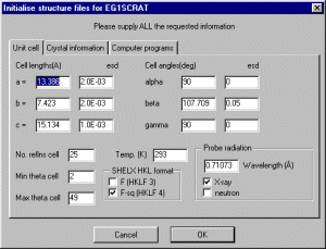 UNIT CELL Initilise Structure file Window